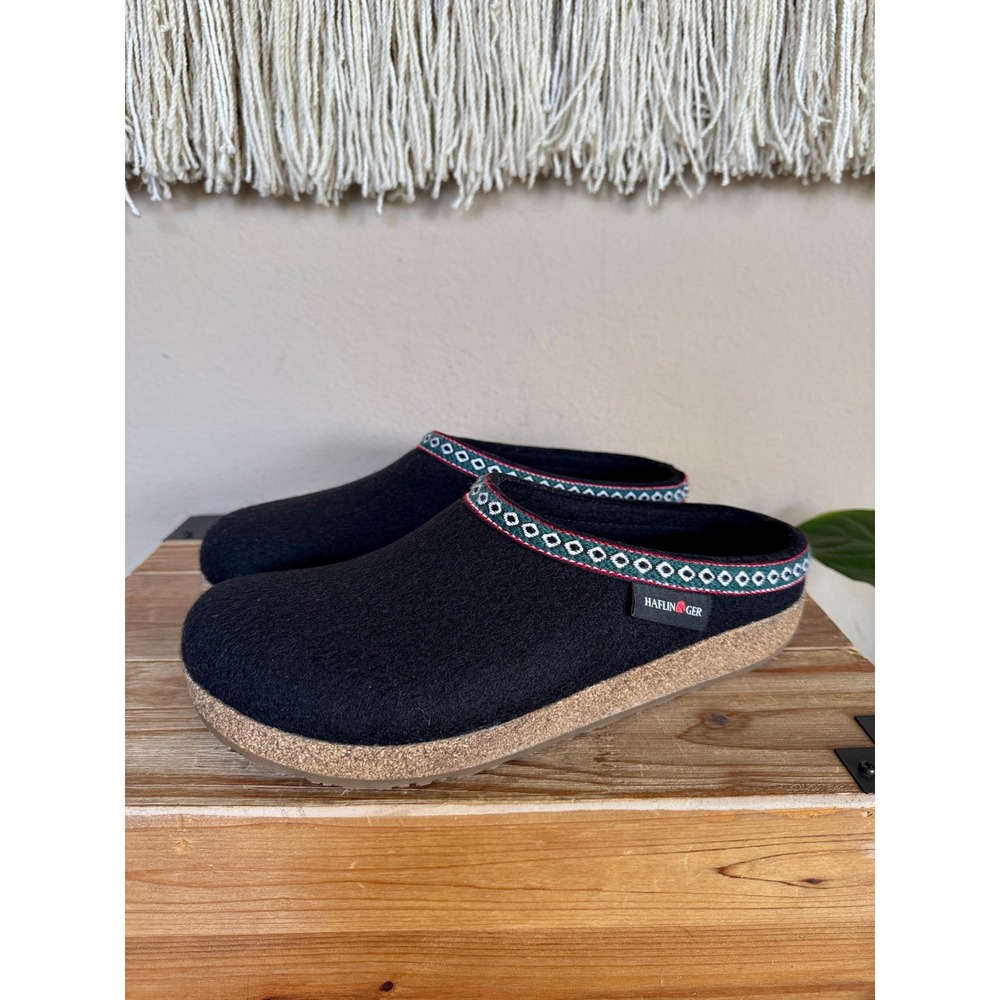 Haflinger GZ Classic Grizzly Black felted Wool Forest Green Trim Clogs Size 42